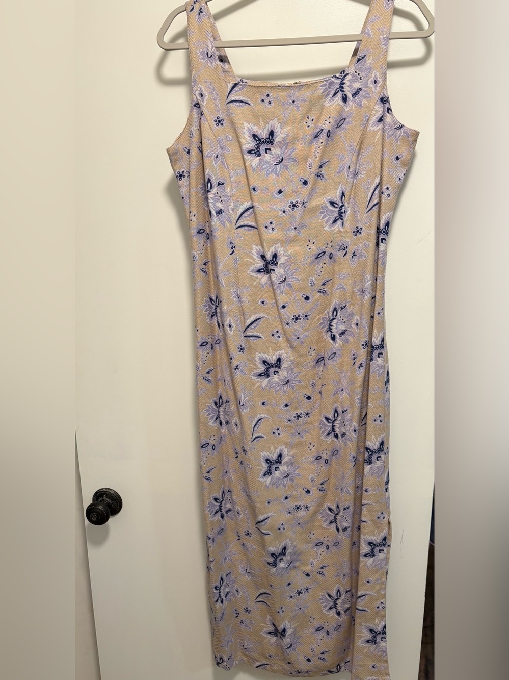 Vintage Beige Floral Maxi Dress with Blue Print